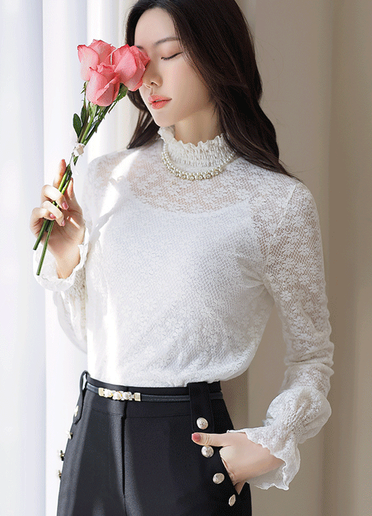 [LouisAngel] Smocked High Neck Sheer Floral Lace Top