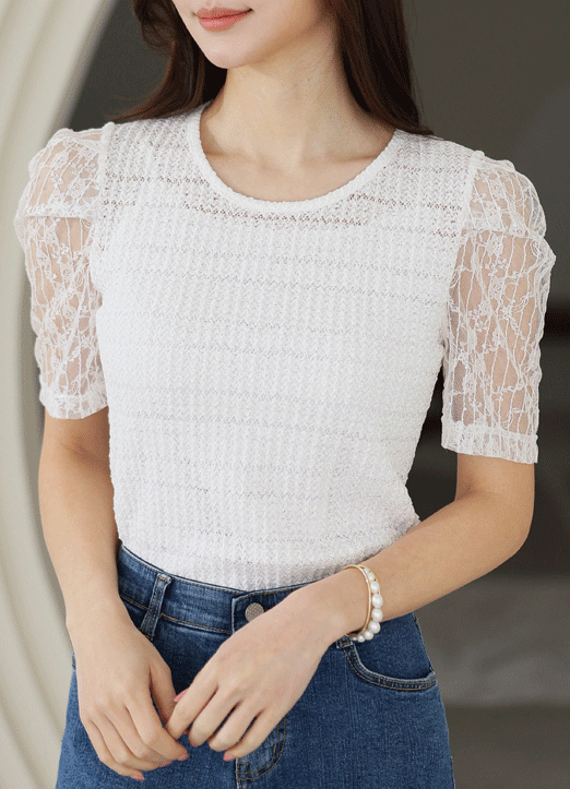 [The Onme] Sequined Lace Puff Sleeve Round Neck Knit top