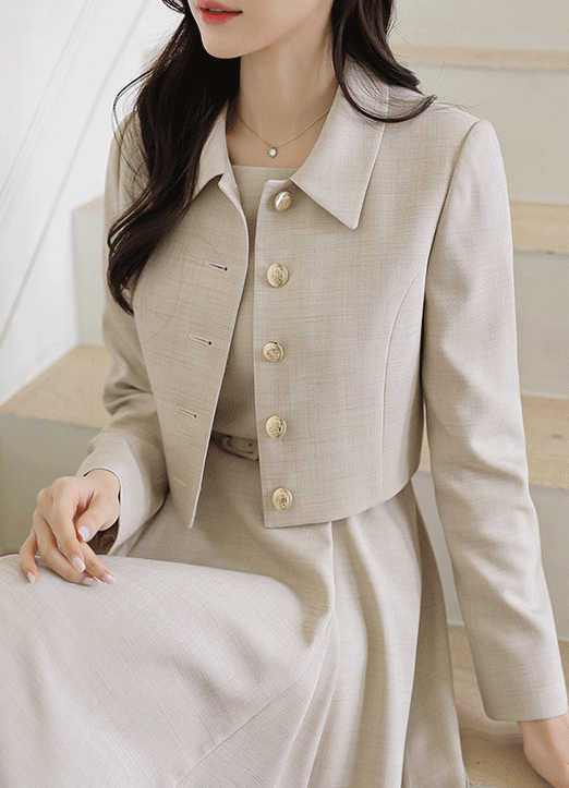 [LouisAngel] Linen-Like Gold Button Cropped Jacket