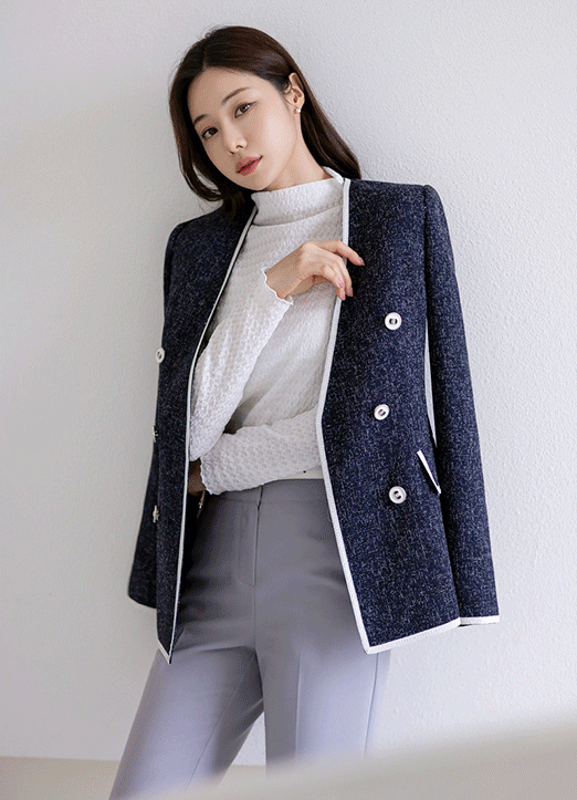 [LouisAngel] Double Breasted White Lace Trim Collarless Tweed Jacket