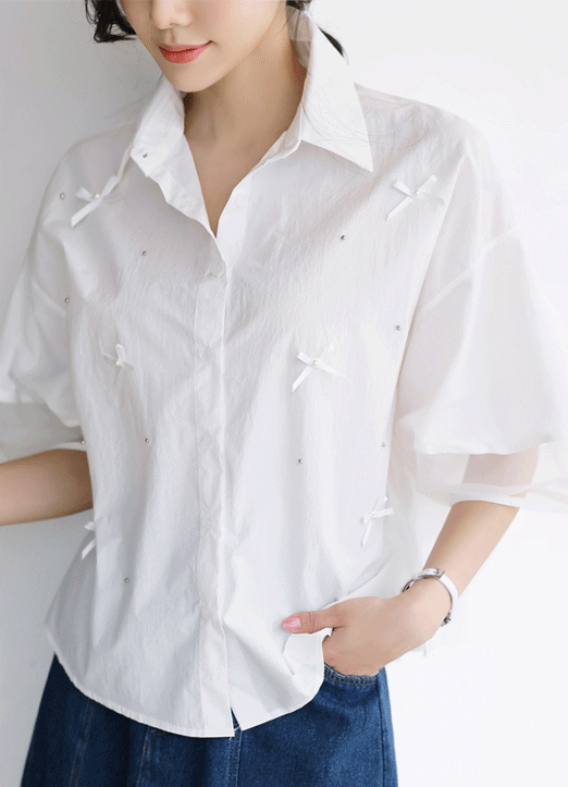 Pearl Embellished Bow Detail Mesh Trimmed Half Sleeve Shirt
