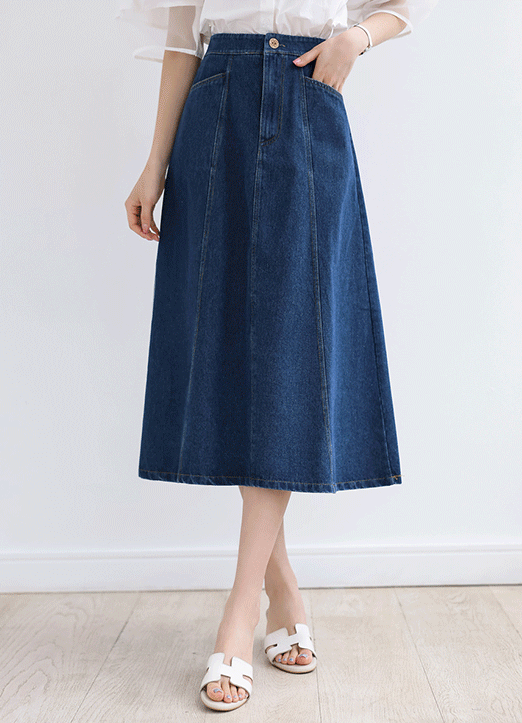 Elasticated Back Waist Diagonal Slash Pocket A-Line Denim Skirt