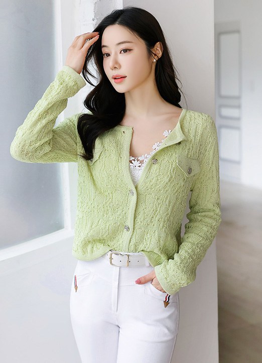 Silver Button Sequinned Openwork Knit Cardigan