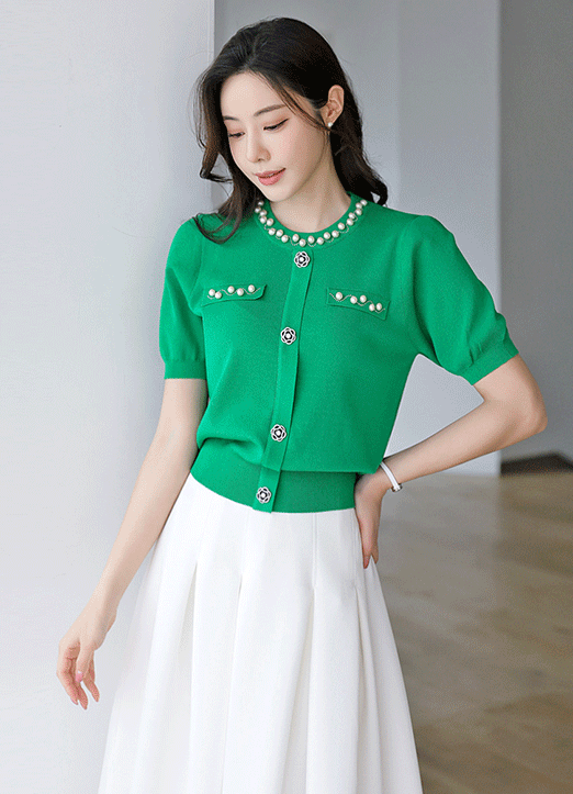 (4 Colors) Pearl Embellished Rose Button Detail Knit Top