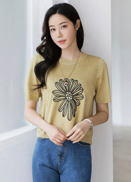 (5 Colors) Embroidered Big Flower Round Neck Knit Top