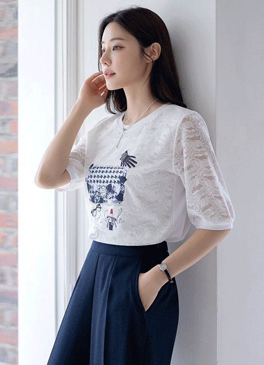 Lace Layered Jewel Embellished Graphic Top