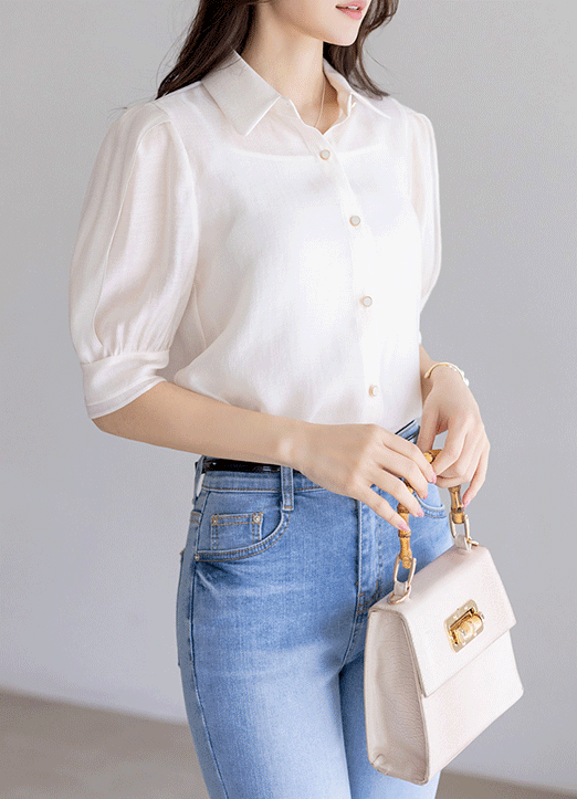 (4 Colors) Sheer Silky Puff Half-Sleeve Collared Blouse