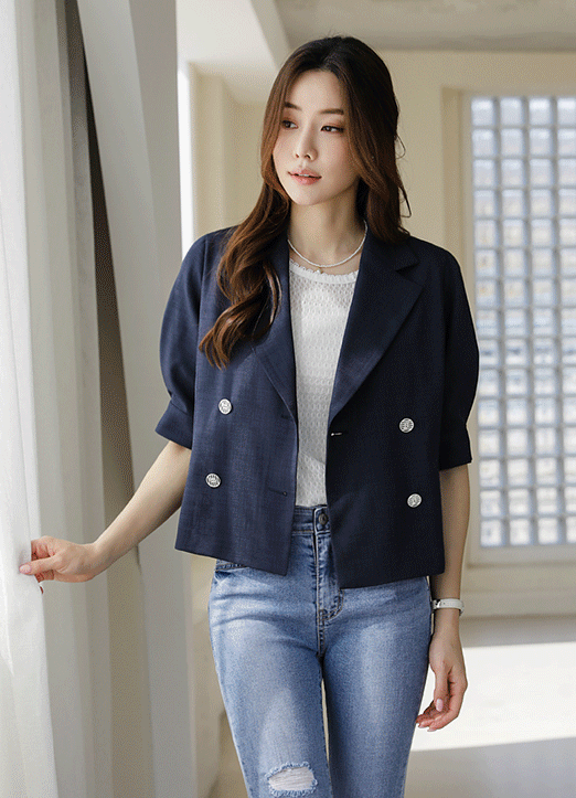 [Louis Angel] Double Breasted Puff Half Sleeve Cropped Jacket