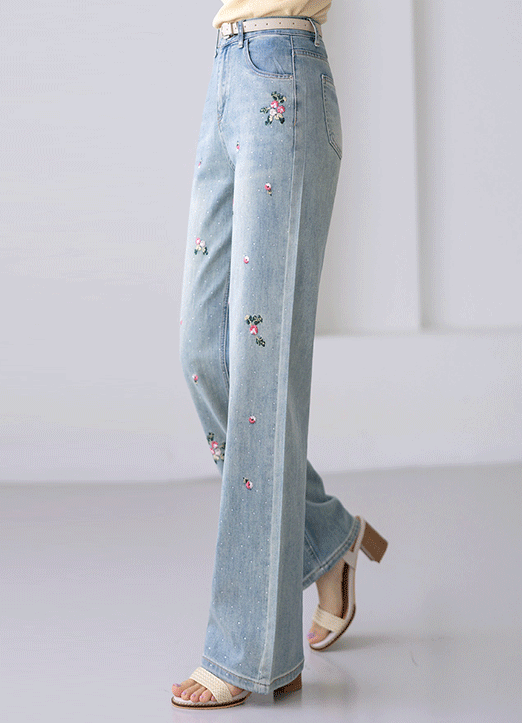 High Rise Embroidered Flower Rhinestone Wide Straight Jeans