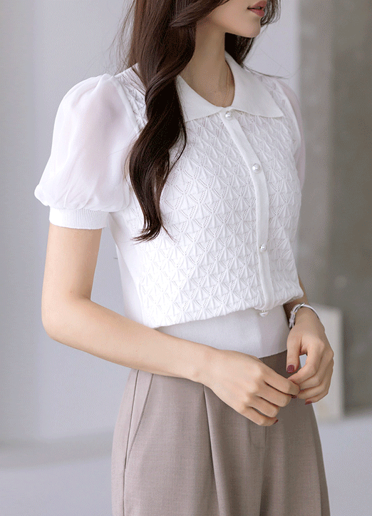 [Special Price] Ribbed Edge Chiffon Sleeve Collared Jacquard Knit Top