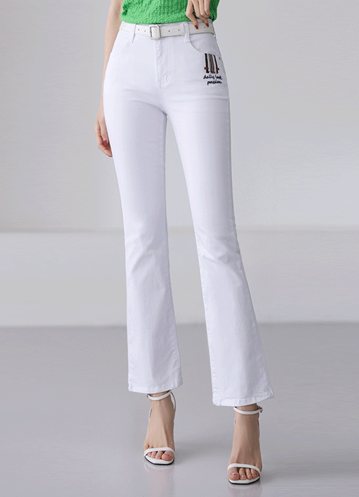 Elastic Waist Embroidered Lettering Slim Boot-Cut Cotton Pants
