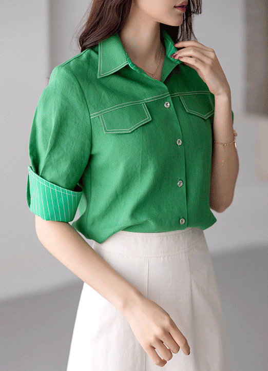 [LouisAngel] Contrast Stitch 3/4 Sleeve Linen Shirt