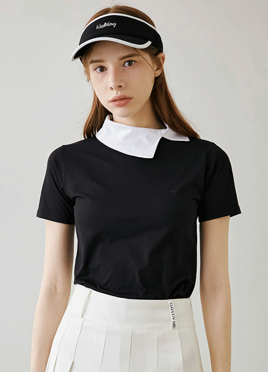 [QOG] Contrast Asymmetrical Rolled Collar T-Shirt