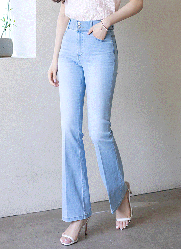 Elastic Waist Double Button Semi Boot-Cut Cooling Jeans