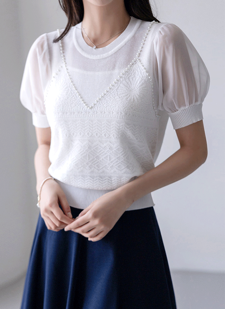 (5 Colors) Pearl Embellished Chiffon Sleeve Textured Knit Top