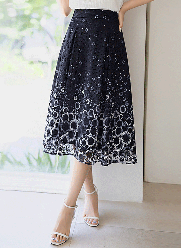 [LouisAngel] Gradient Circle Print Eyelet Lace Skirt