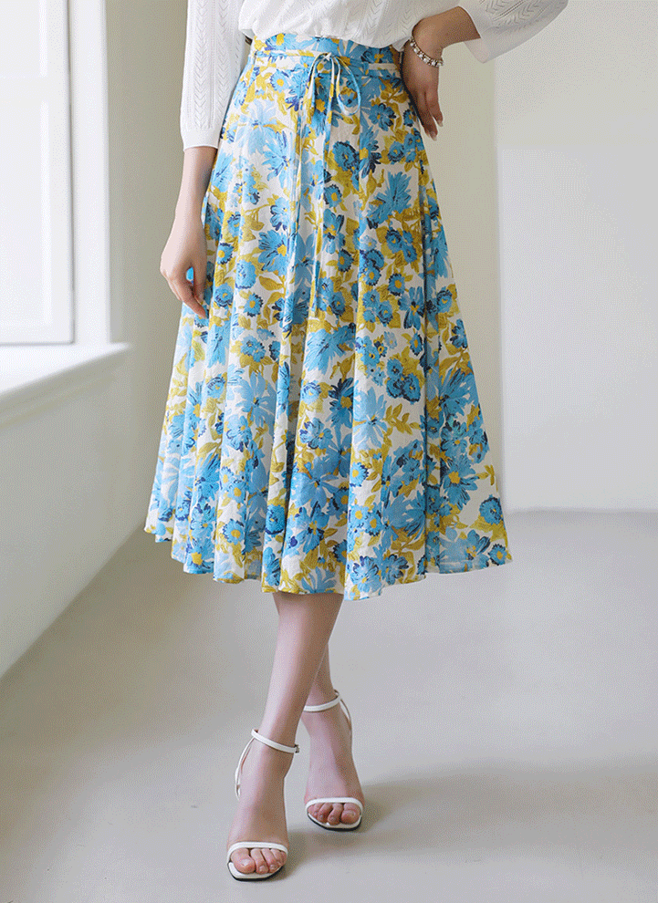 [LouisAngel] Blue Floral Paneled Flare Skirt w/ Sash