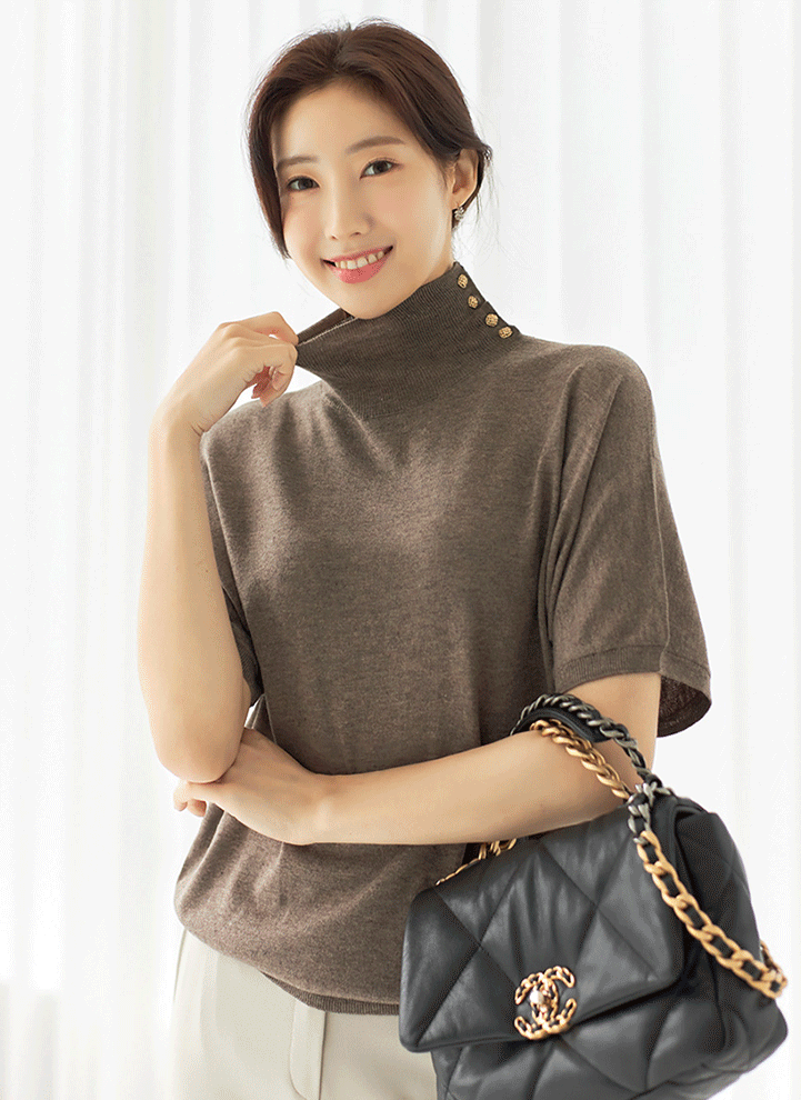 (5 Colors) Soft Touch Gold-Buttoned Turtleneck Knit Top