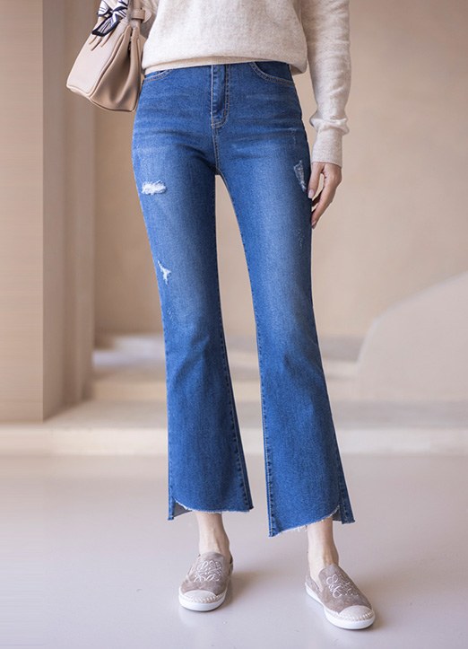 Elastic Waist Unbalanced Raw Cut Scraped Boot-Cut Jeans