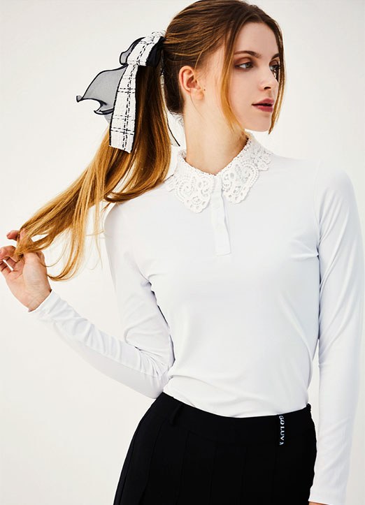 [QoG] Lace Motif Collared Long Sleeve Rib Polo Shirt