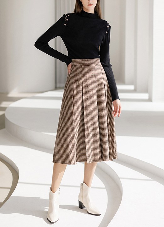 [The Onme] Elastic Back Waist Houndstooth Pleats Skirt