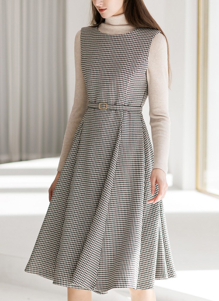 [The Onme] Self-Belted Sleeveless Houndstooth A-Line Dress