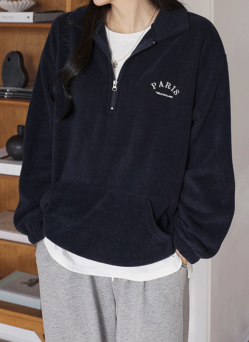 [The Onme] (4 Colors) Embroidered Lettering Half-Zip Fleece Top