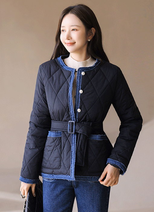 Denim-Trim Belted Quilted Jacket