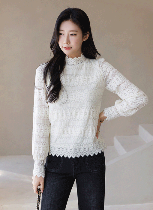 Elegant Scallop Lace Mock-neck Blouse