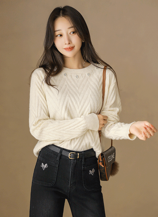 Jewel Accent Chevron Knit Top