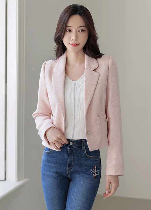 Patch Pocket Pastel Cropped Tweed Jacket