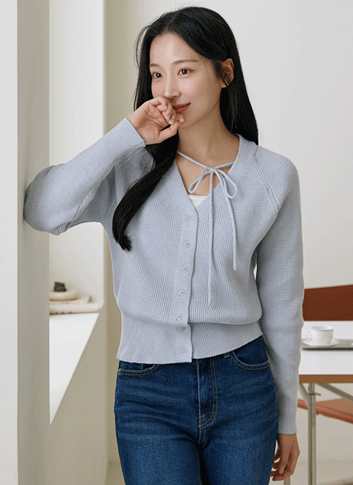 [The Onme] Ribbon Tie V-Neck Knit Cardigan