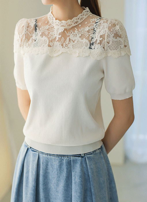 Flower Lace Panel Knit Top