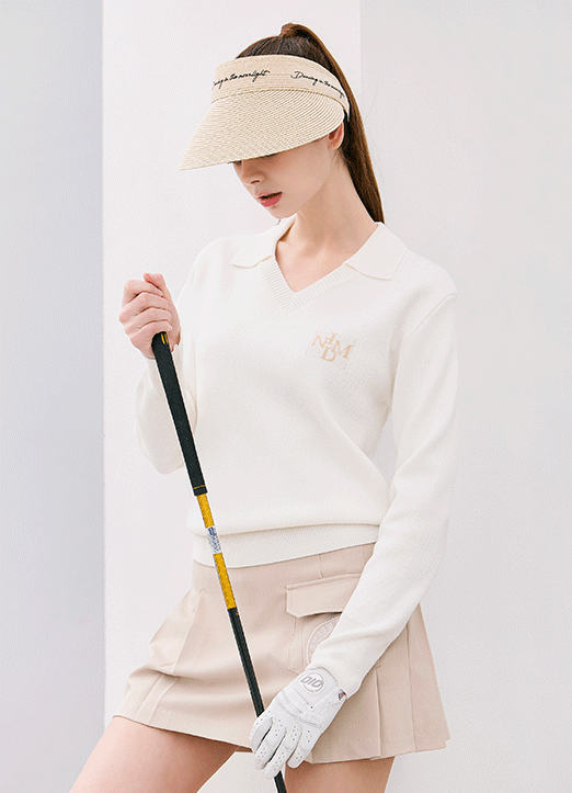 [QoG] Ribbed Edge V-Neck Collared Knit Top