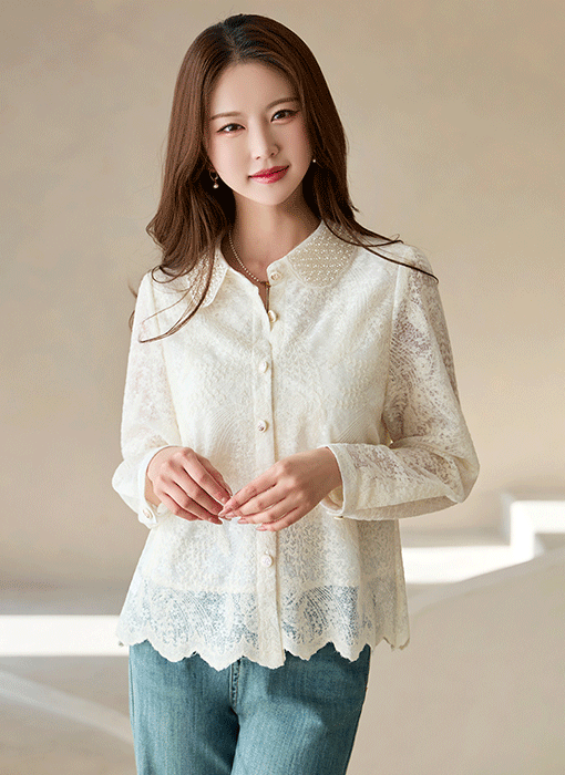 Beaded Collar Ethnic Lace Blouse
