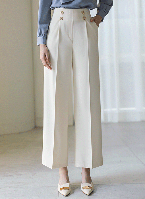 Refined High-Waist Gold Button Wide Slacks