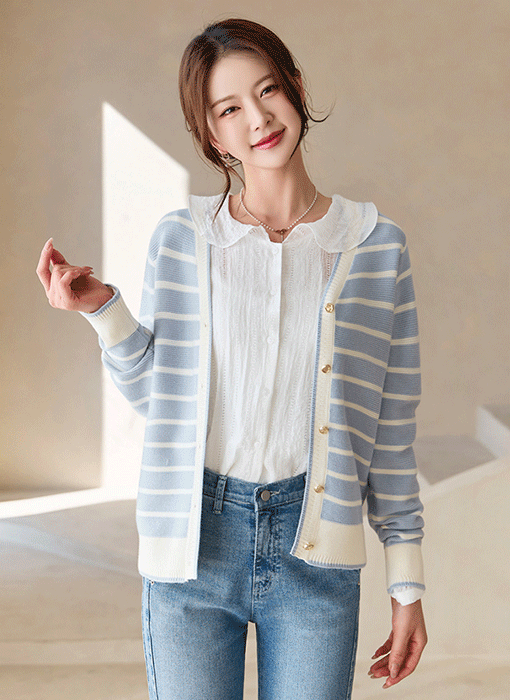 Gold Button Stripe Knit Cardigan