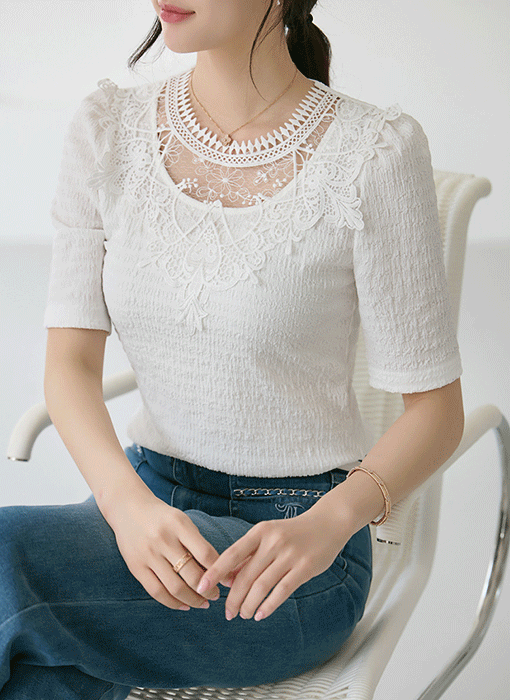 [LouisAngel] Ethereal Lace Yoke Blouse Tee