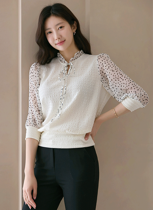 [LouisAngel] Graceful Frill Tie Jacquard Top
