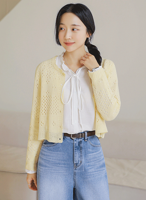 [The Onme]  Breeze Eyelet Crop Knit Cardigan