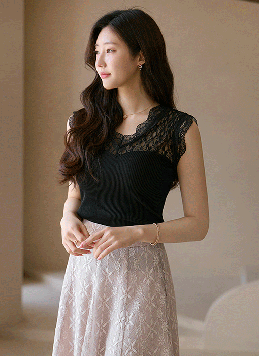 (4 Colors) Lace Heartline Knit Cami