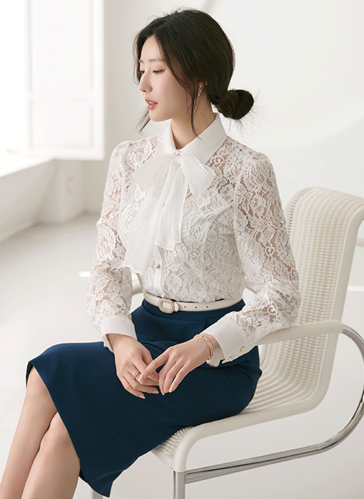 [LouisAngel] Pearl Bloom Lace Blouse w/ Chiffon Scarf