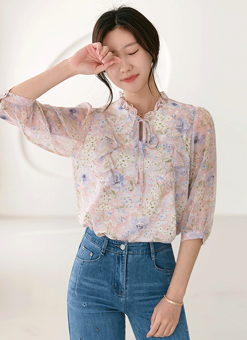 [LouisAngel] Blush Garden Tie-Neck Ruffle Blouse