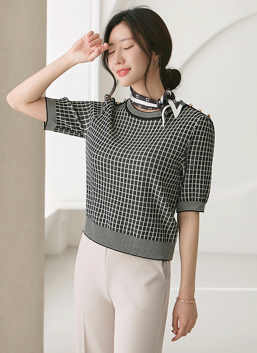 Button Accent Grid Knit Top