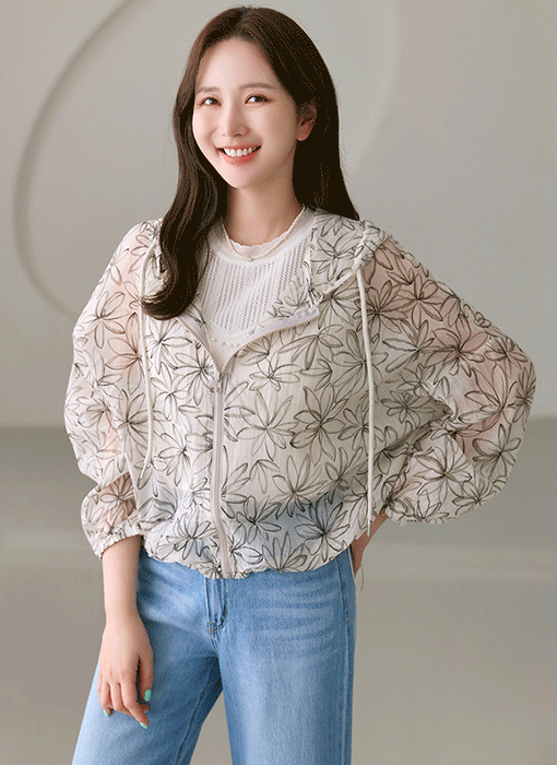 Monochrome Petal Zip-Up Hooded Jacket