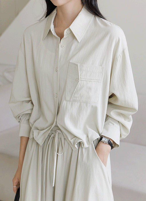 [The Onme] Pocket Twist Loose Drawstring Shirt