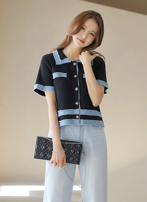  Dual Mode Denim Trim Knit Cardigan