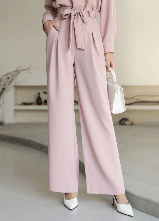 Elasticated Back Pintuck Wide Slacks w/ Sash