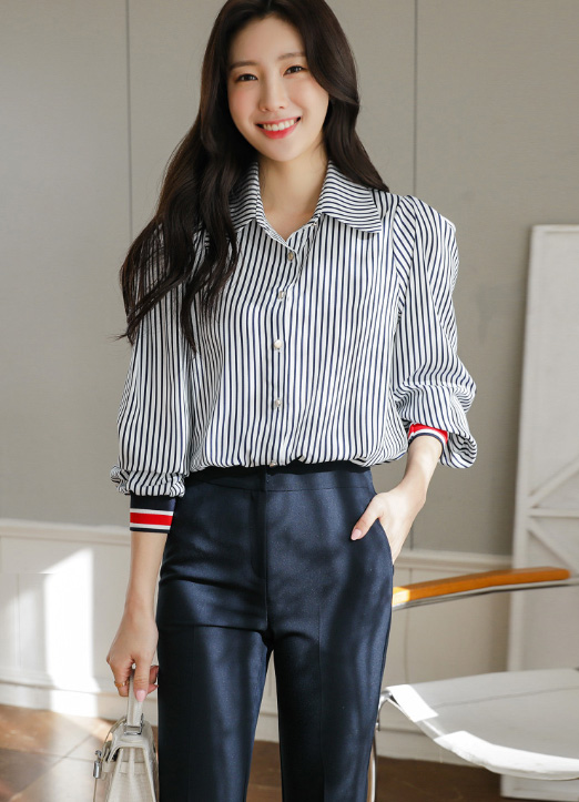 [Louis Angel] Contrast Cuffs Vertical Striped Blouse