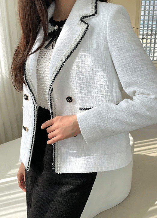 [Louis Angel] Contrast Fringe Trim Collar Tweed Jacket